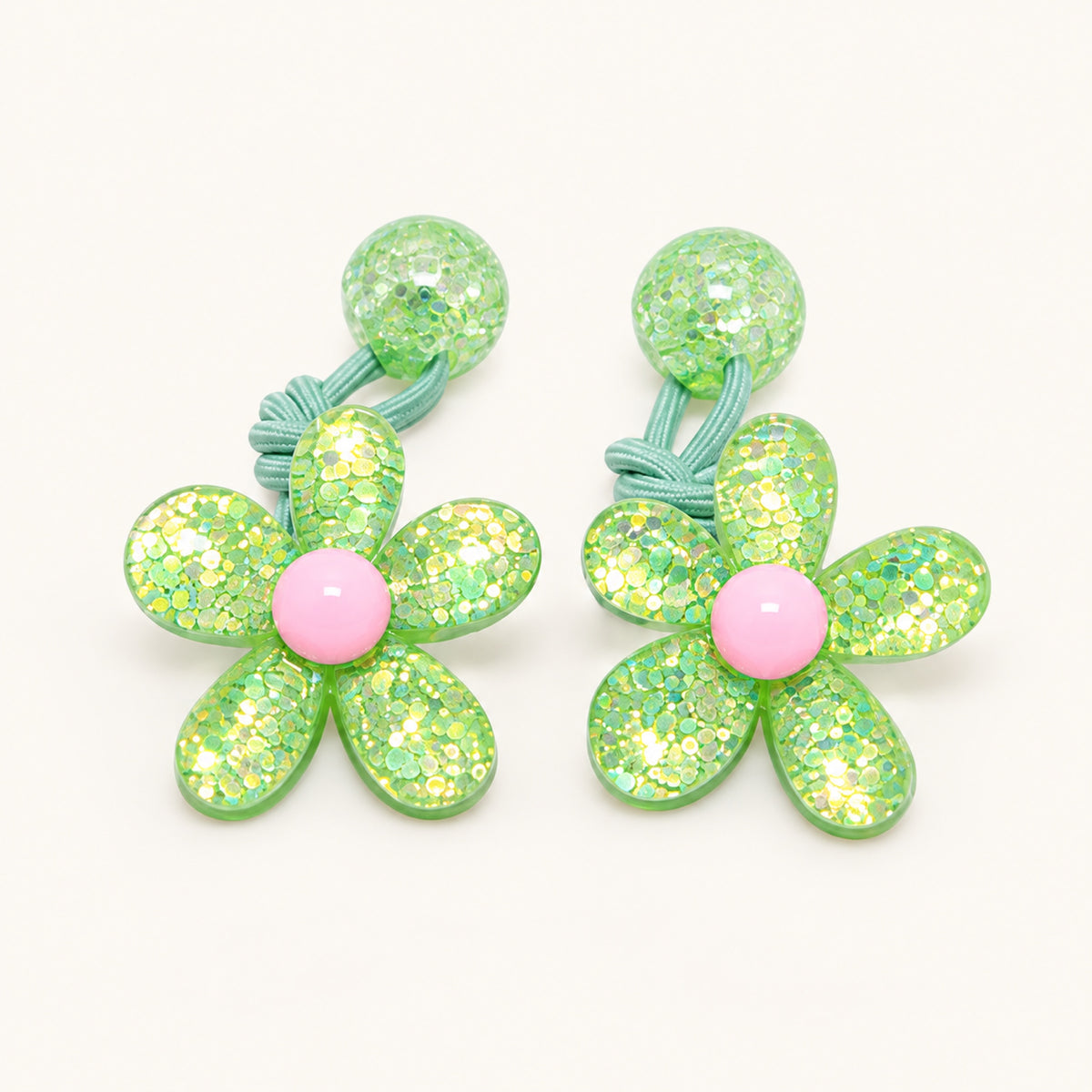 Glitter Daisy Hair Tie Pair — Green — BP-006-GN