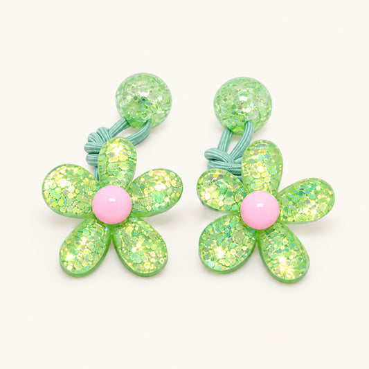 Glitter Daisy Hair Tie Pair — Green — BP-006-GN