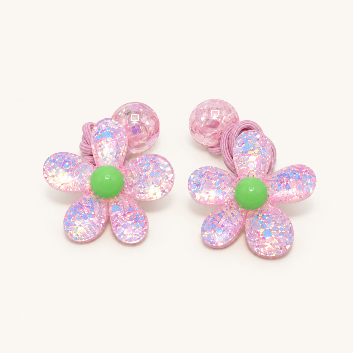 Glitter Daisy Hair Tie Pair — Pink — BP-006-PK