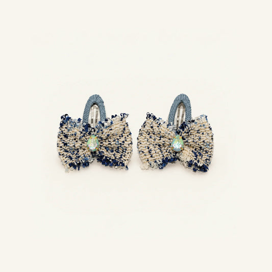 Navy Schoolgirl Tweed Bow Clip Pair — IP-177-NV