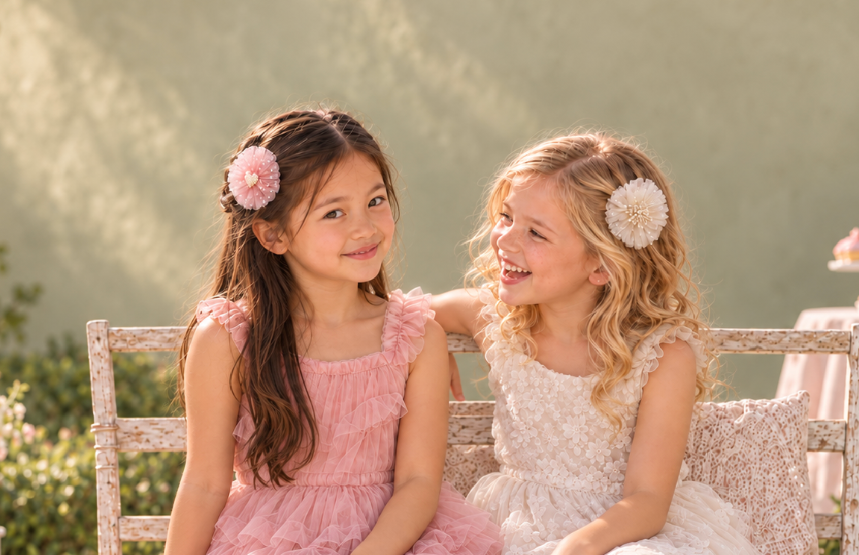 Two girls wearing pink pearl heart and ivory pearl flower hair accessories, close-up garden party portrait