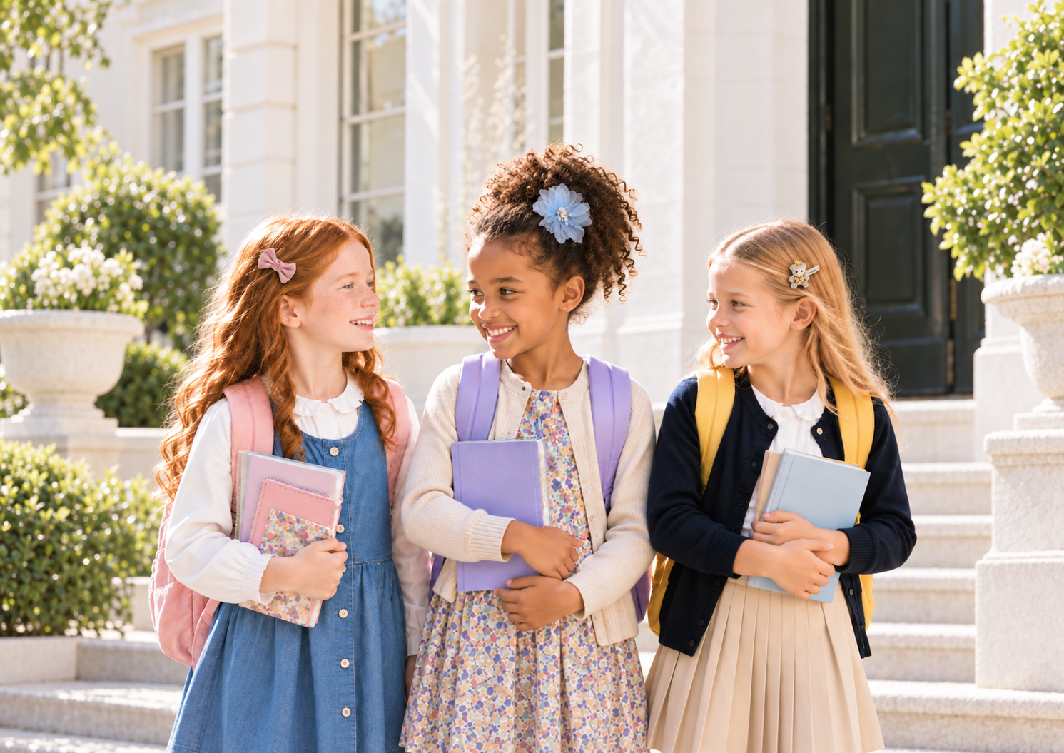 Three girls wearing distinct VEYEA accessories in a wider school courtyard scene