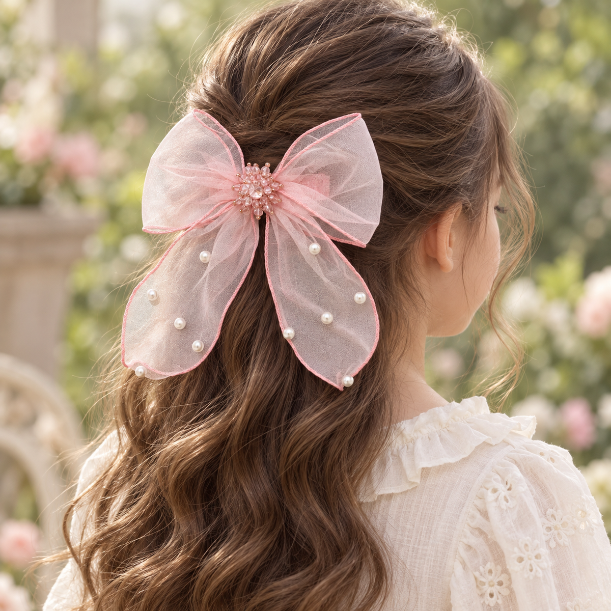 Ballet Ribbon Pearl Long-Tail Bow — AI-generated wearing illustration; scale approximate