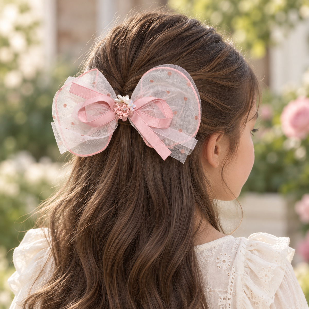 Big Pink Moment Organza Satin Bow — AI-generated wearing illustration; scale approximate