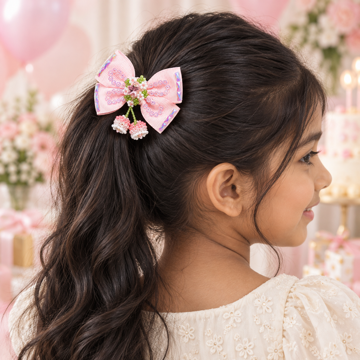 Birthday Bloom Sequin Bow — AI-generated wearing illustration; scale approximate