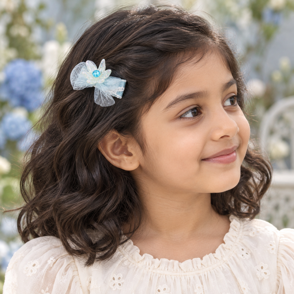 Blue Cloud Organza Bow Clip Pair — AI-generated wearing illustration; scale approximate