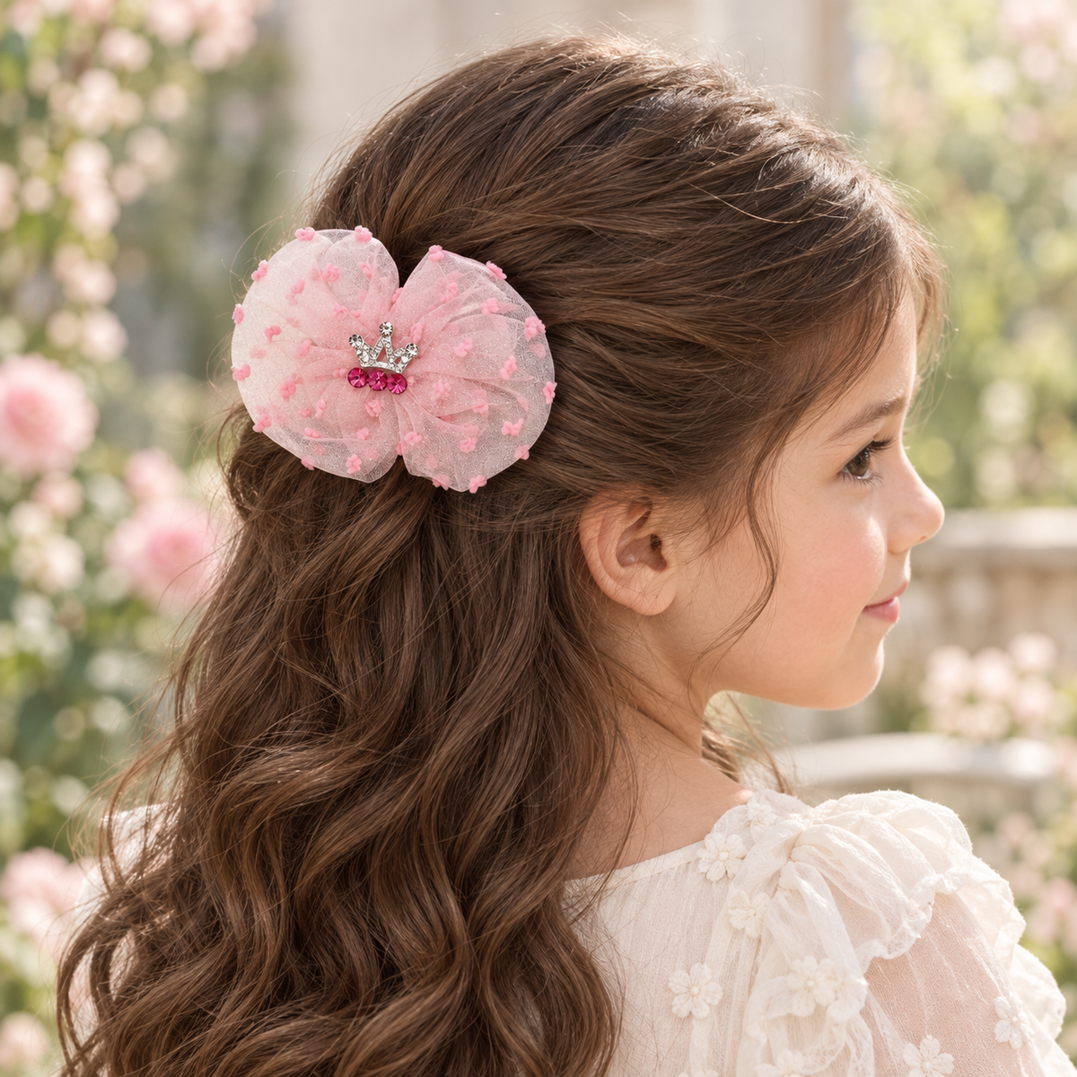 Blush Garden Organza Flower Clip — AI-generated wearing illustration; scale approximate
