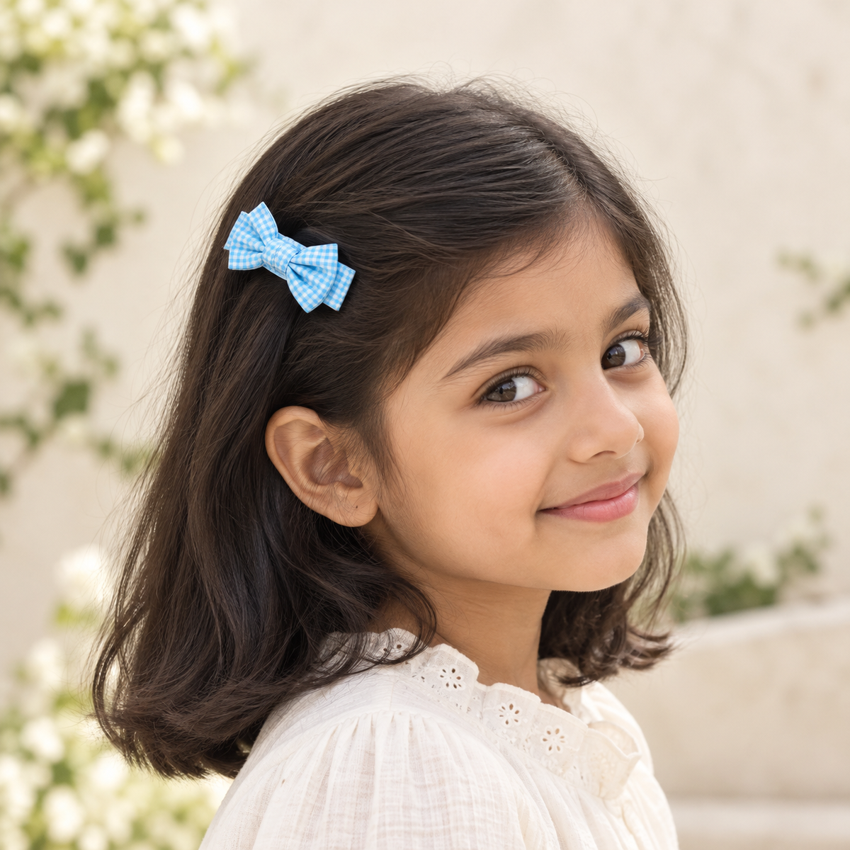 Candy Gingham Bow Clip Set — AI-generated wearing illustration; scale approximate