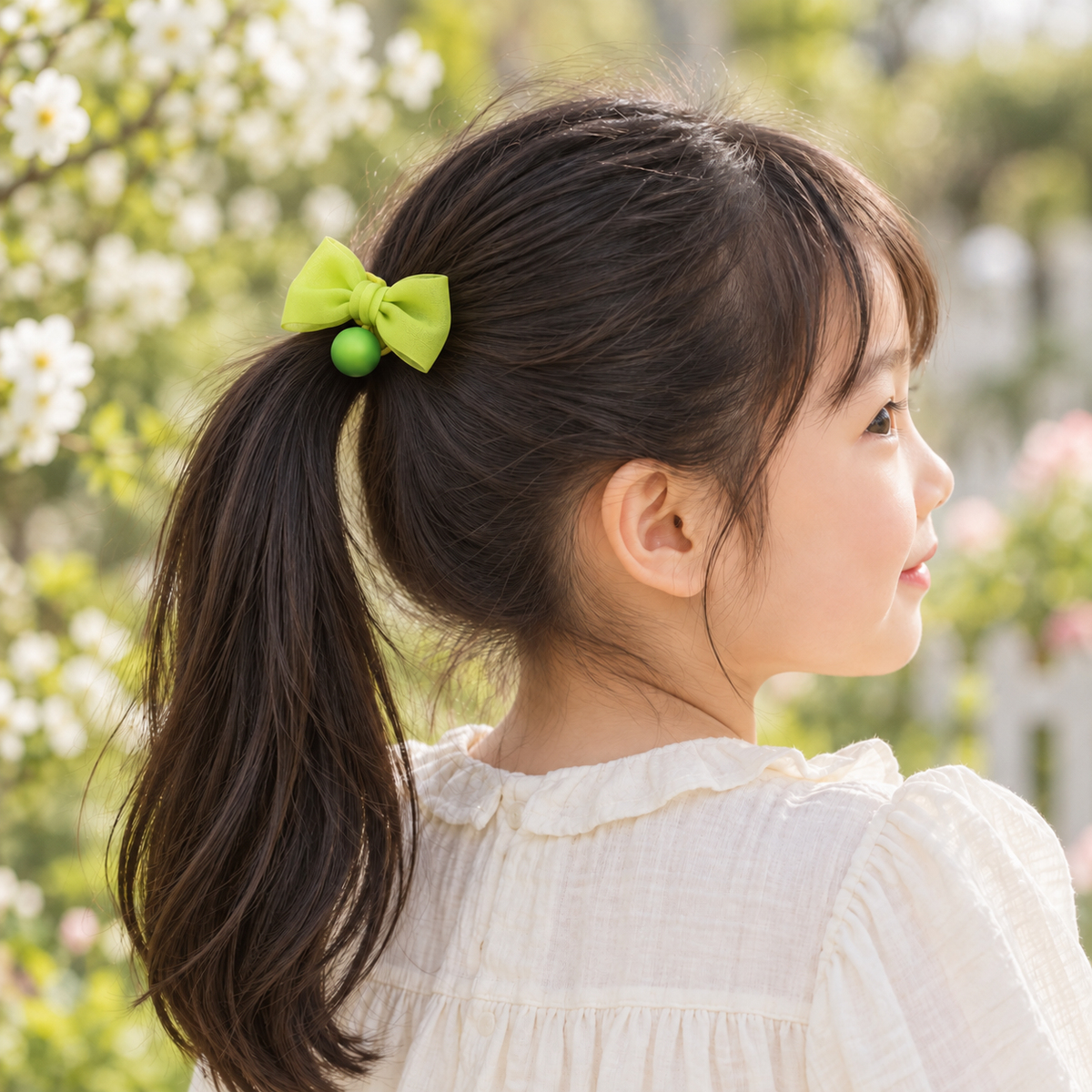 Candy Pop Bow Hair Tie — AI-generated wearing illustration; scale approximate
