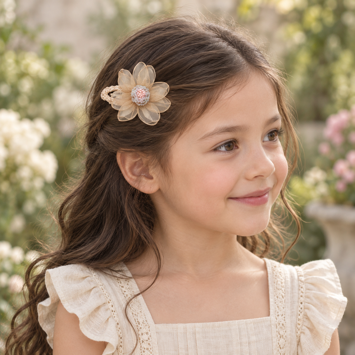 Champagne Bloom Flower Clip Pair — AI-generated wearing illustration; scale approximate