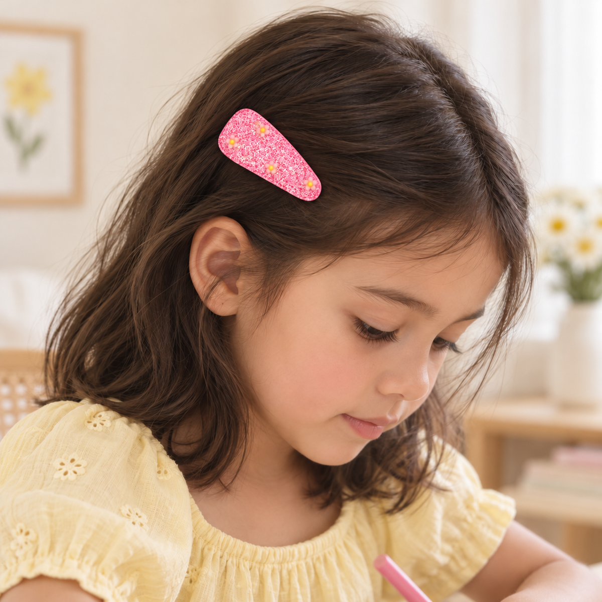 Confetti Daisy Textured Snap Clip Set — AI-generated wearing illustration; scale approximate