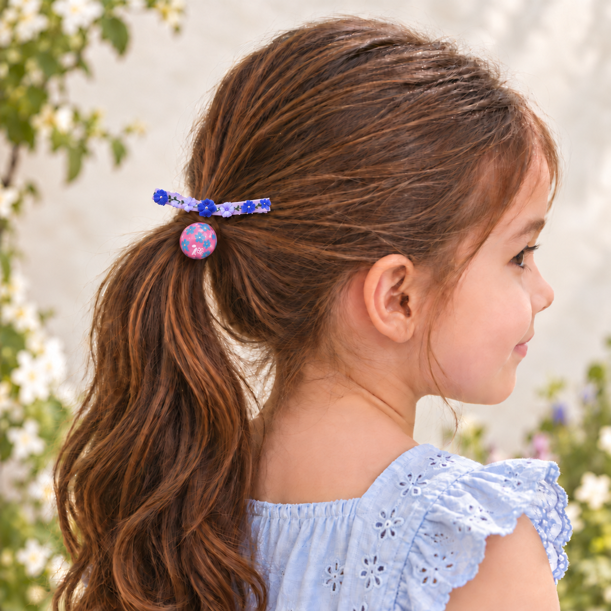 Confetti Garden Floral Hair Tie — AI-generated wearing illustration; scale approximate