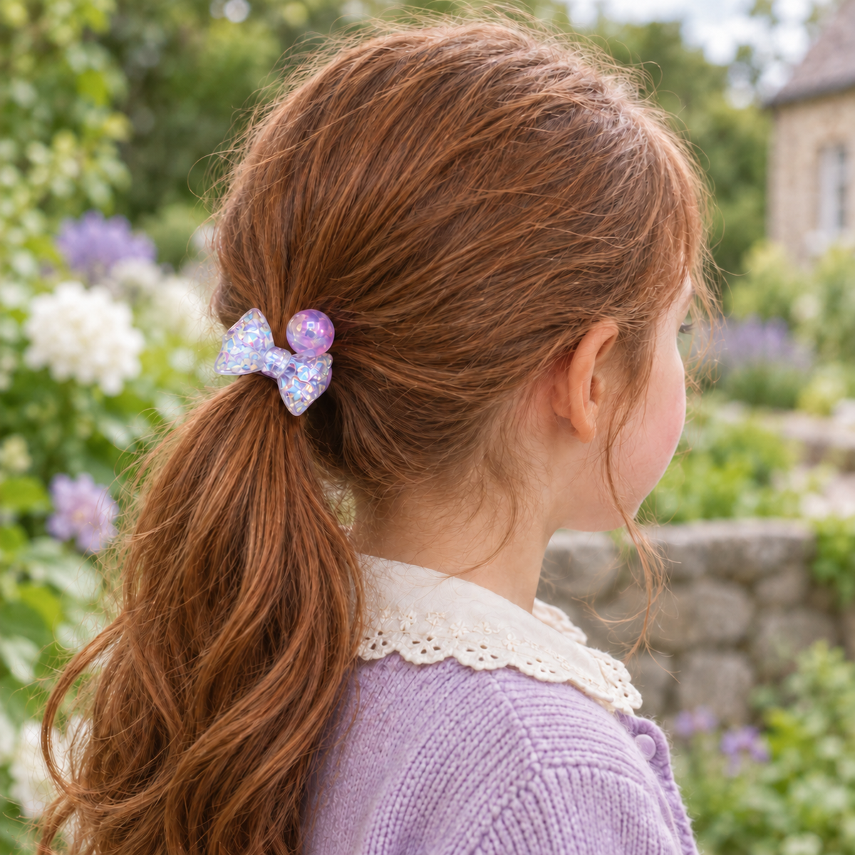 Crystal Candy Bow Hair Tie Pair — AI-generated wearing illustration; scale approximate