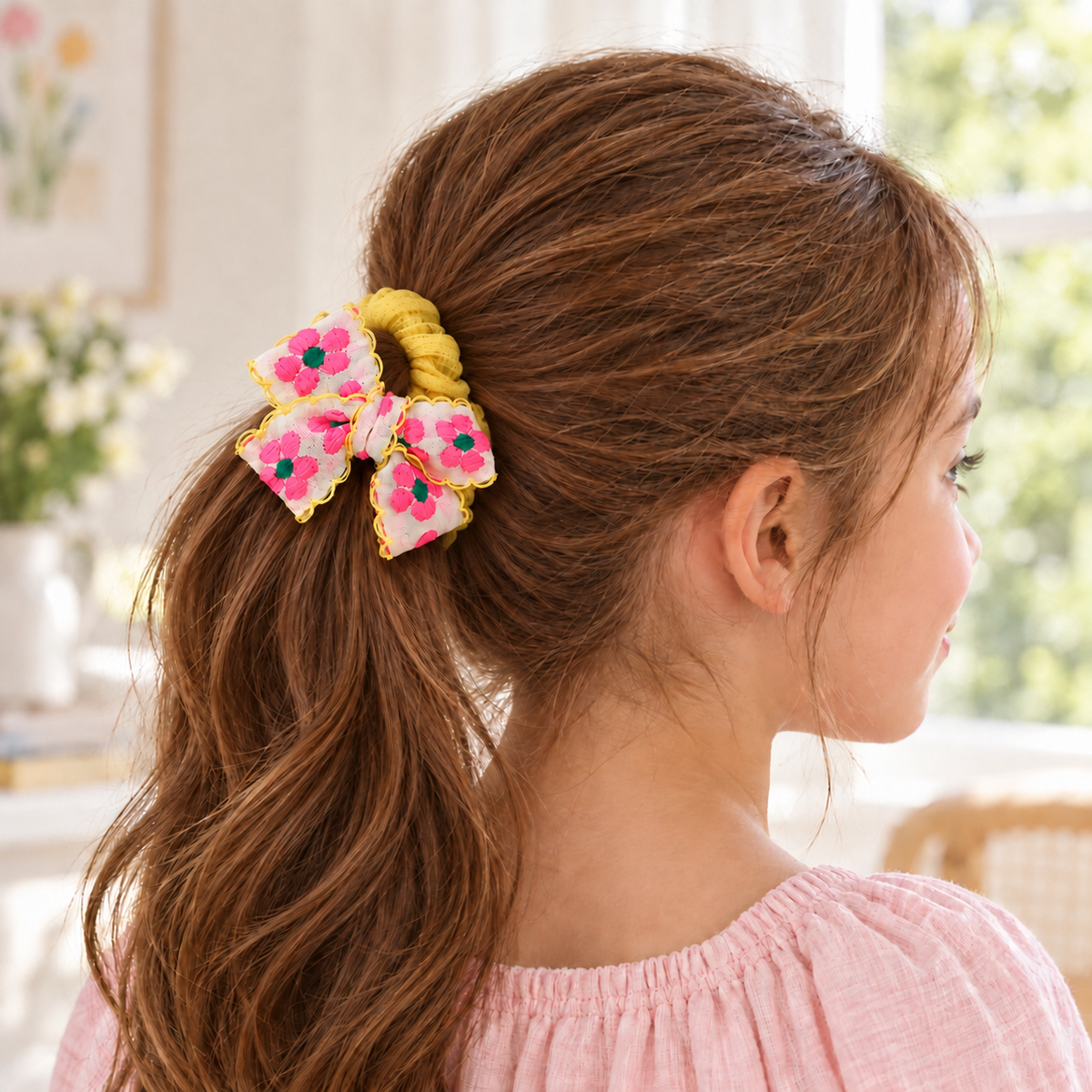 Daisy Picnic Embroidered Scrunchie — AI-generated wearing illustration; scale approximate