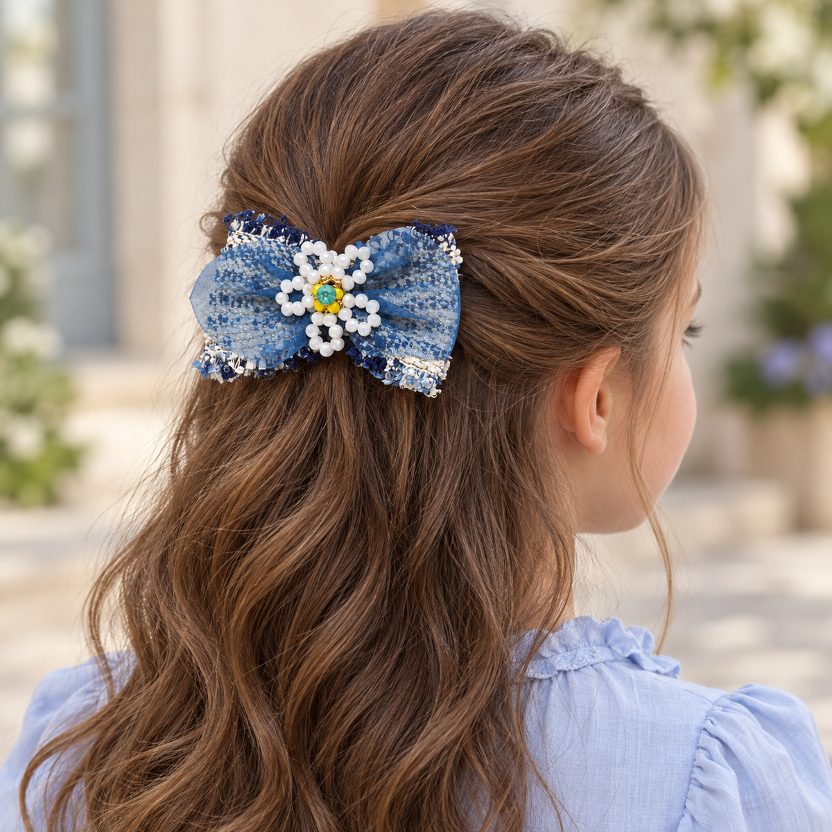 Denim Daisy Lace Bow — AI-generated wearing illustration; scale approximate