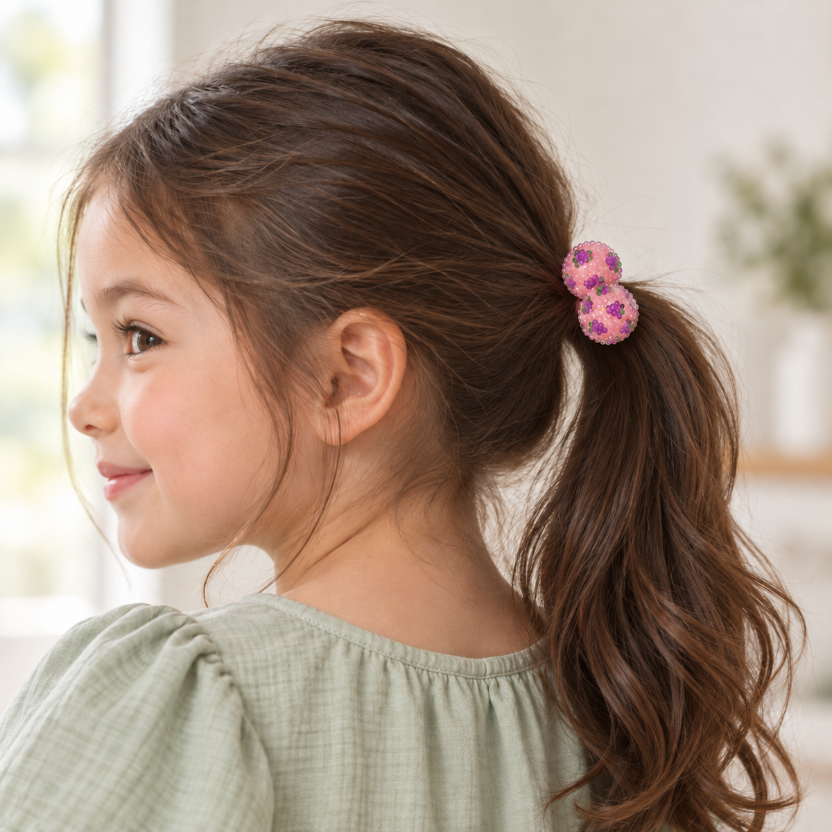 Double Bubble Printed Hair Tie — AI-generated wearing illustration; scale approximate