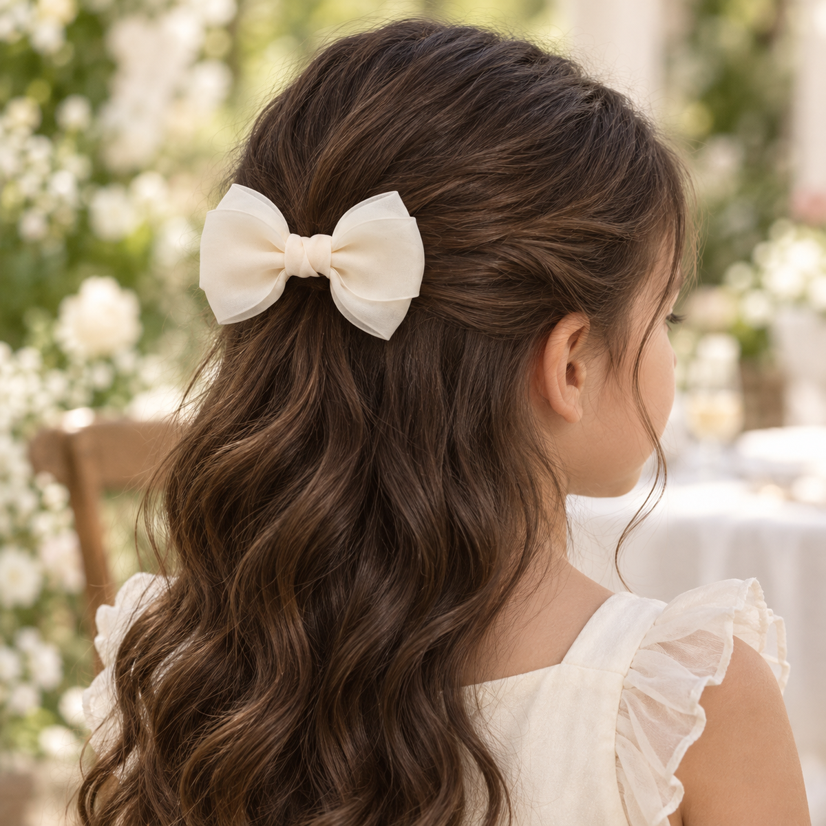 Double Darling Bow Clip Set — AI-generated wearing illustration; scale approximate