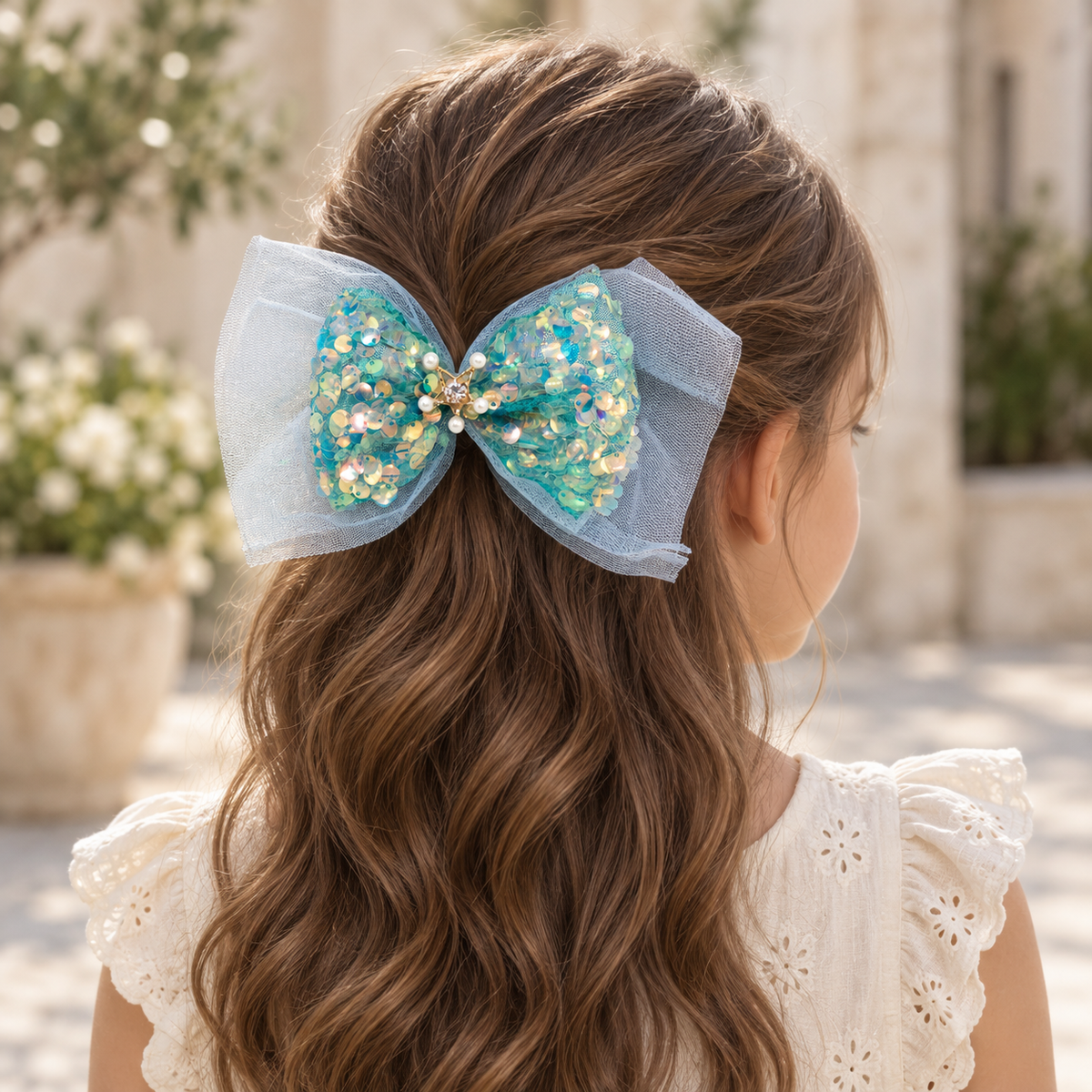 Emerald Party Sequin Bow — AI-generated wearing illustration; scale approximate
