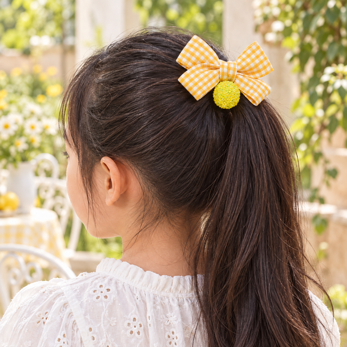 Gingham Giggle Oversized Bow Hair Tie — AI-generated wearing illustration; scale approximate