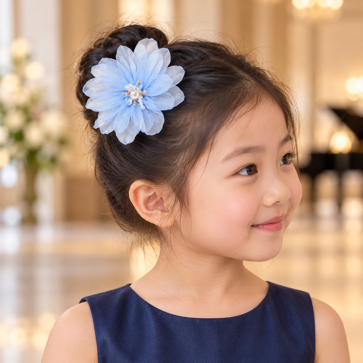 Halo Organza Flower Clip — AI-generated wearing illustration; scale approximate