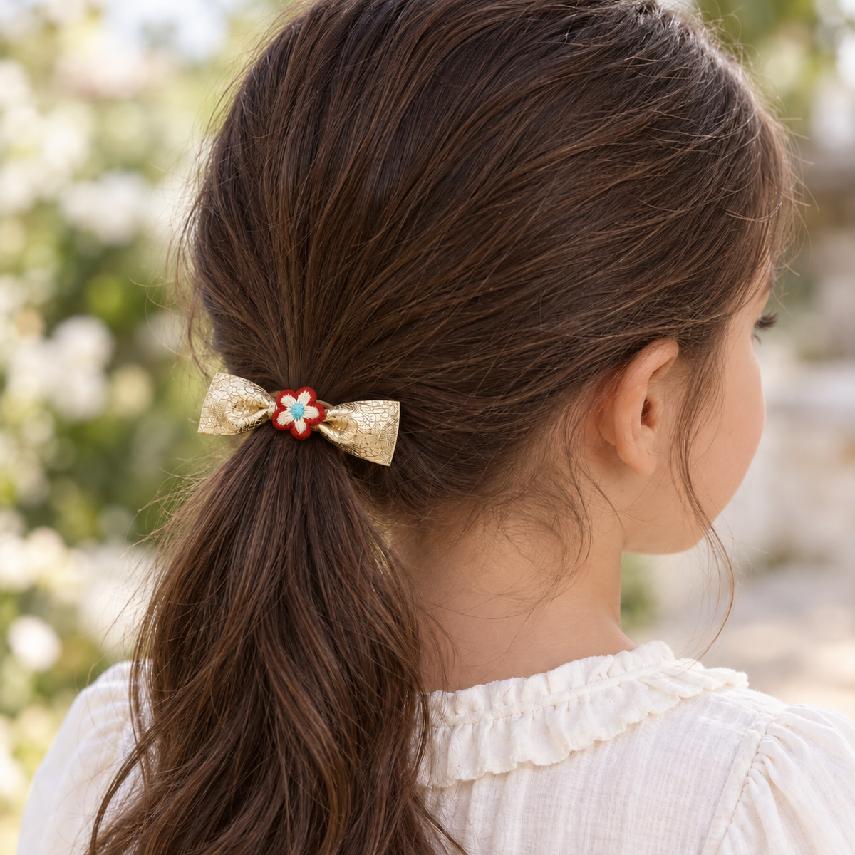 Metal Petal Bow Hair Tie — AI-generated wearing illustration; scale approximate