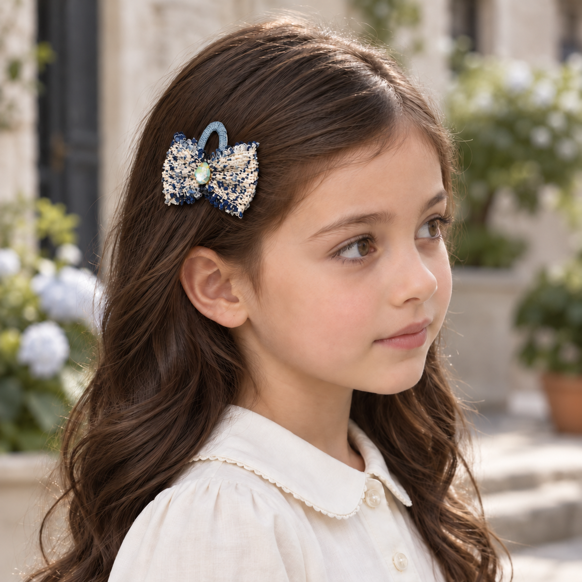 Navy Schoolgirl Tweed Bow Clip Pair — AI-generated wearing illustration; scale approximate