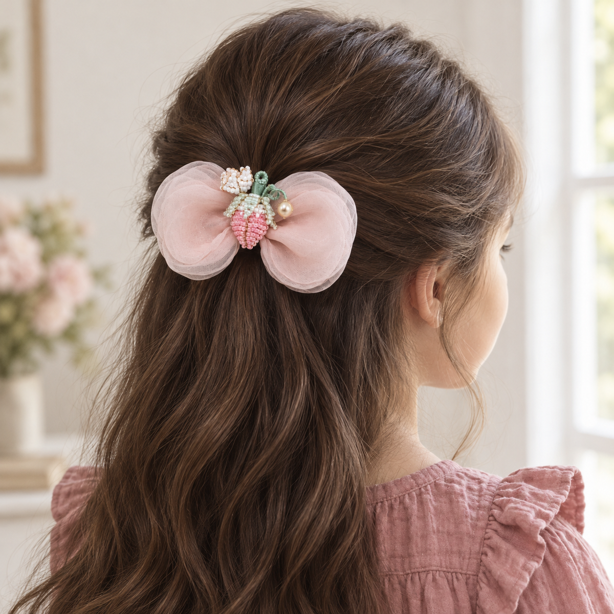 Odette Crystal Strawberry Organza Bow — AI-generated wearing illustration; scale approximate