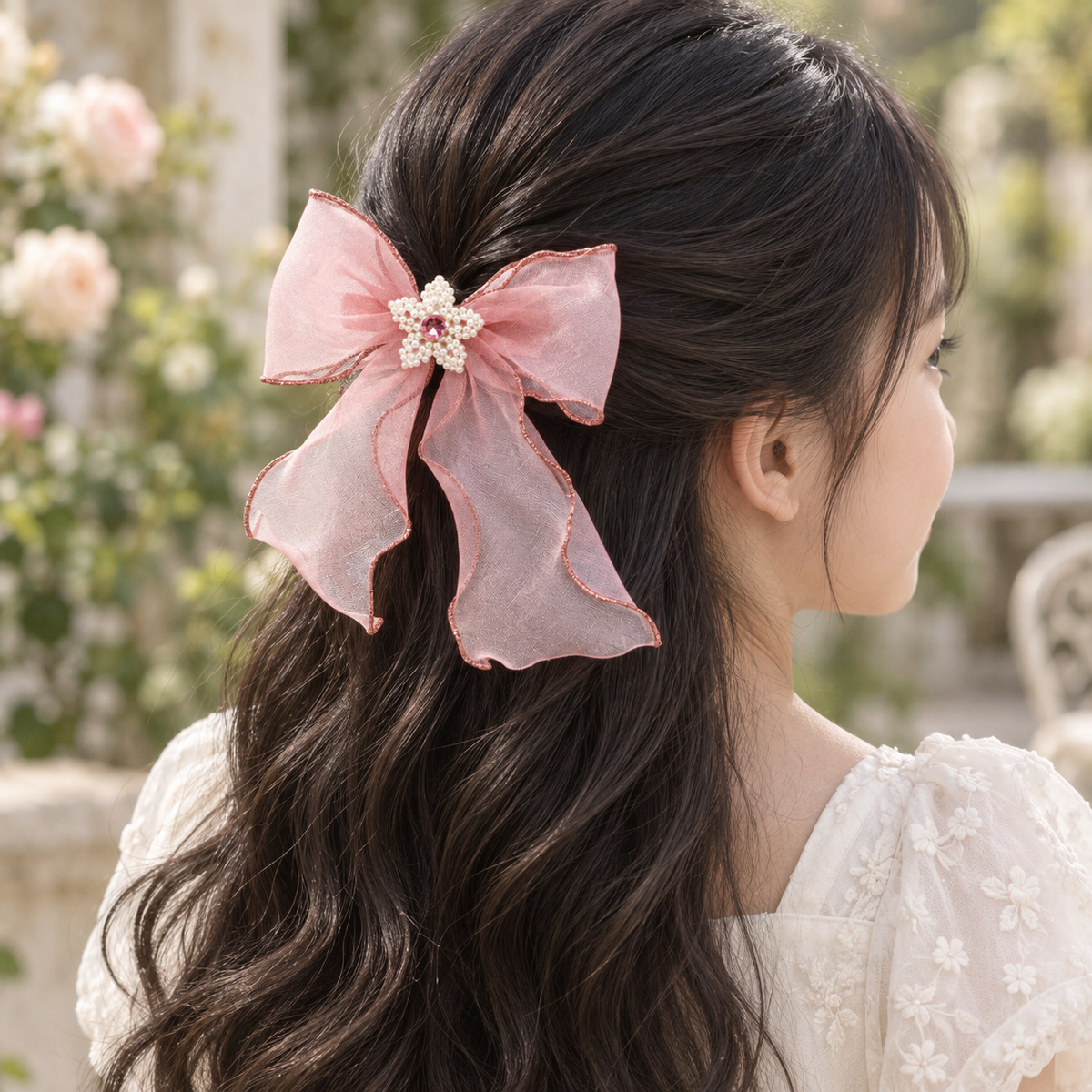 Peach Fizz Rhinestone Organza Bow — AI-generated wearing illustration; scale approximate