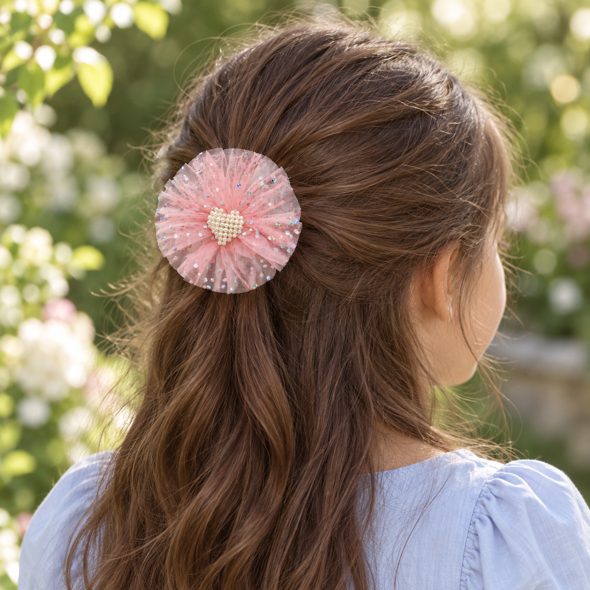 Pearl Heart Tulle Rosette Hair Clip — AI-generated wearing illustration; scale approximate