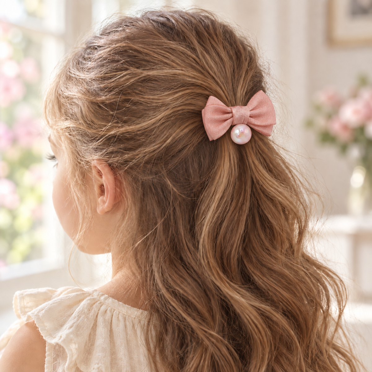 Pearl Parade Satin Bow Hair Tie — AI-generated wearing illustration; scale approximate