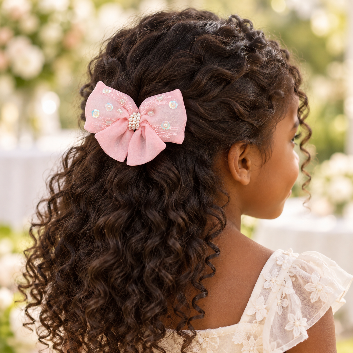 Pearl Petal Pink Bow Clip — AI-generated wearing illustration; scale approximate