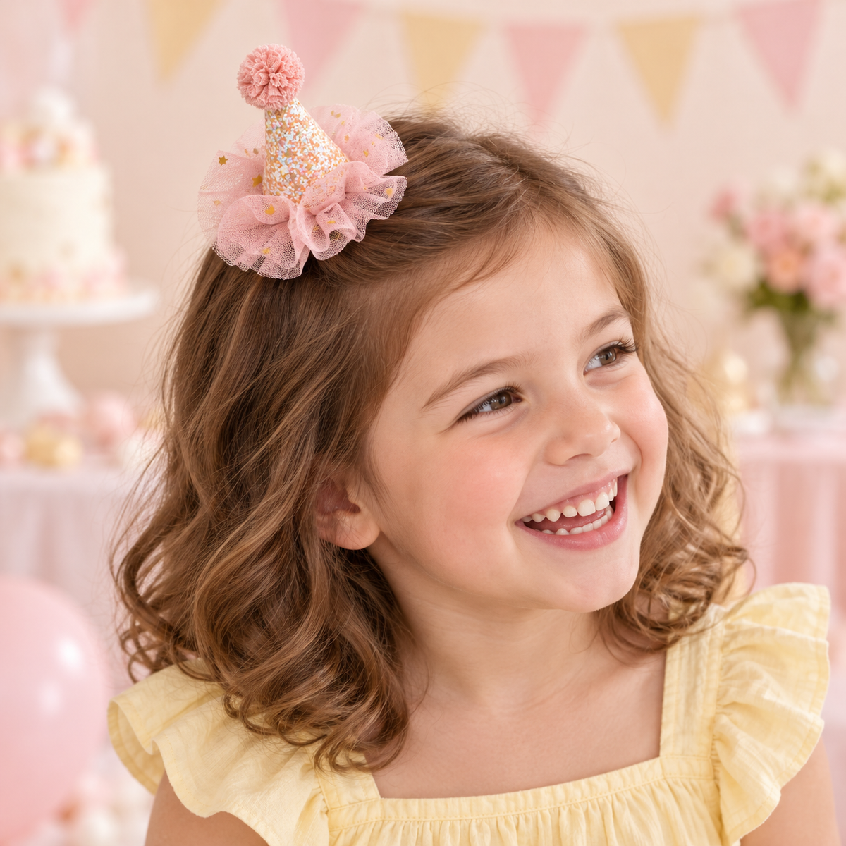 Tutu Party Hat Hair Clip — AI-generated wearing illustration; scale approximate
