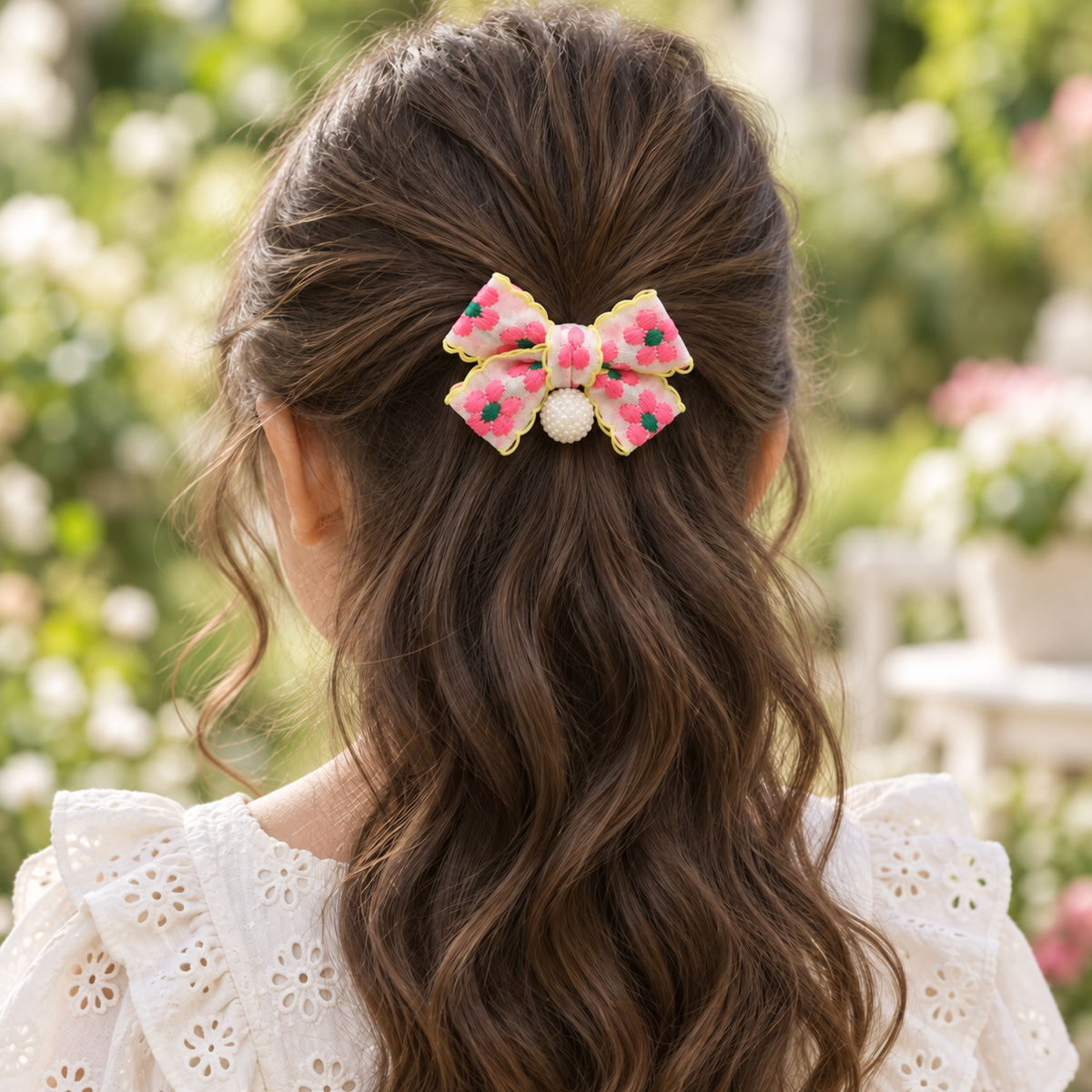 Petal Party 3D Bow Hair Tie — AI-generated wearing illustration; scale approximate