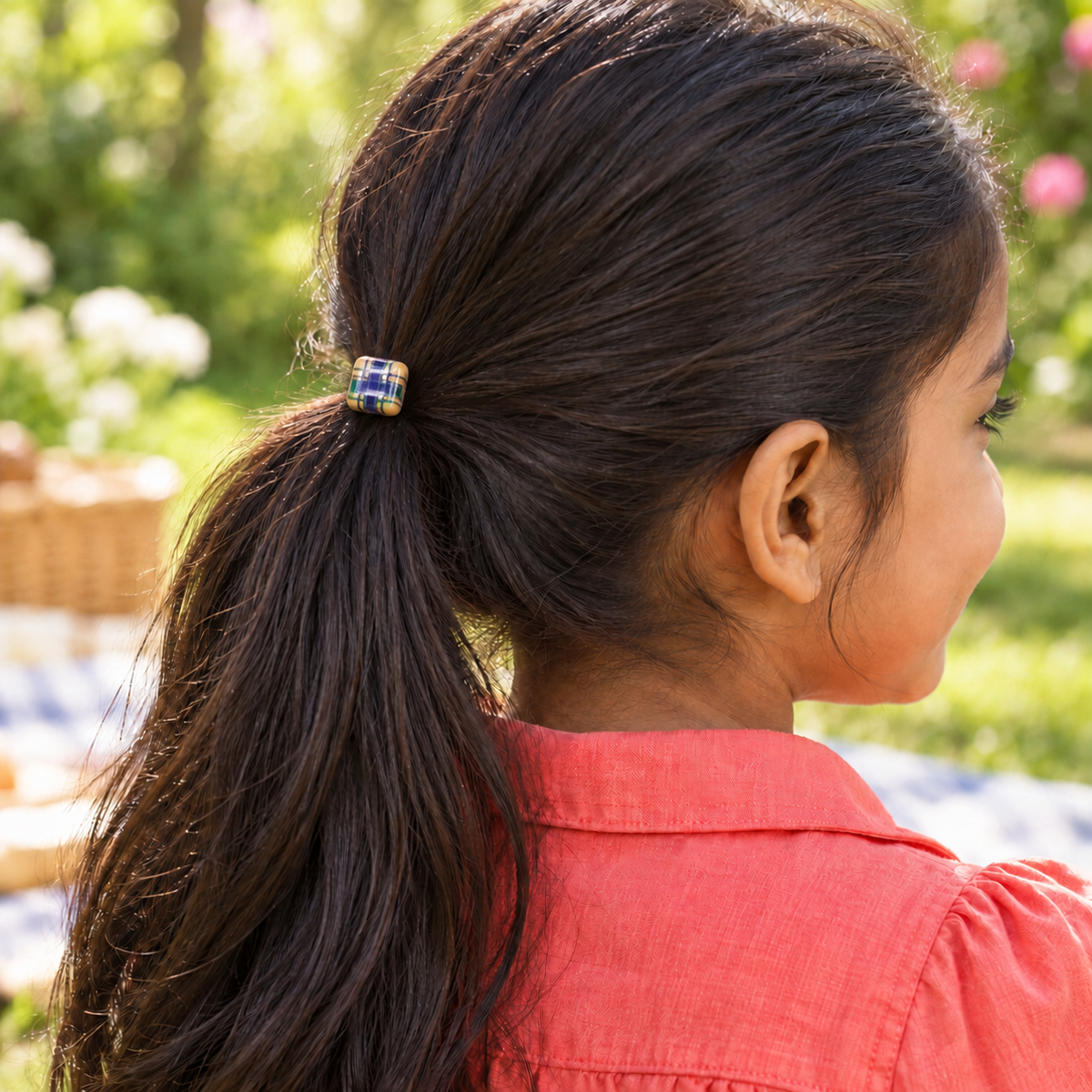 Picnic Cube Plaid Hair Tie — AI-generated wearing illustration; scale approximate