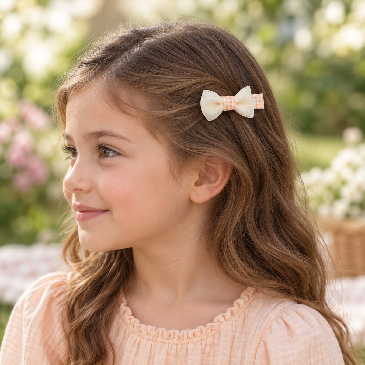 Picnic Pop Gingham Mini Bow Clip Set — AI-generated wearing illustration; scale approximate