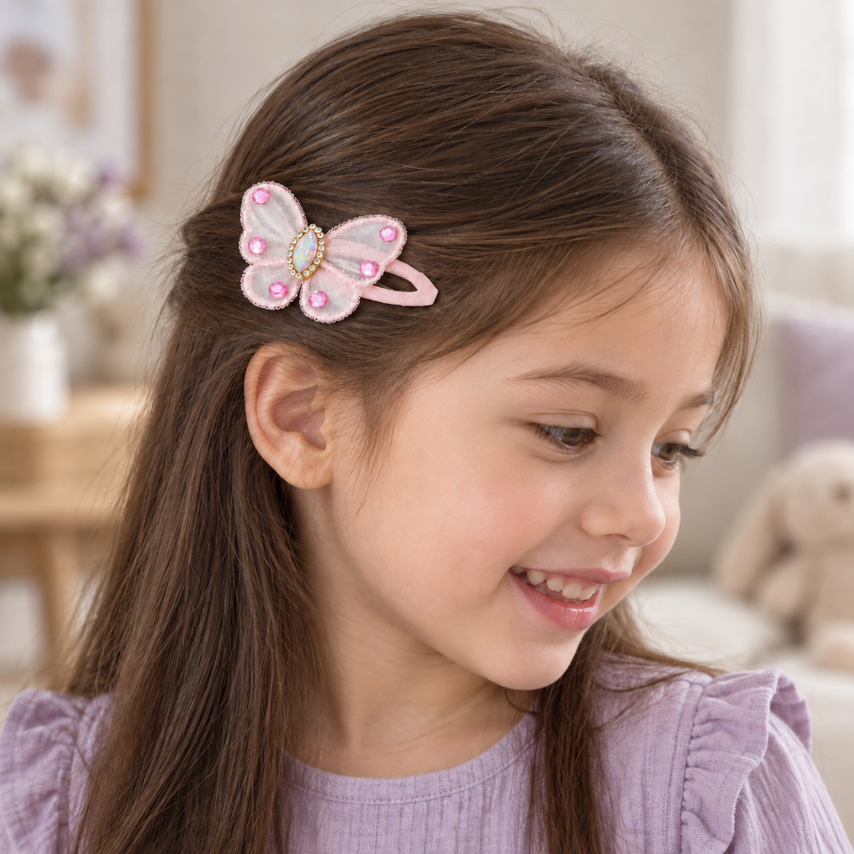 Pink Papillon Crystal Clip Pair — AI-generated wearing illustration; scale approximate