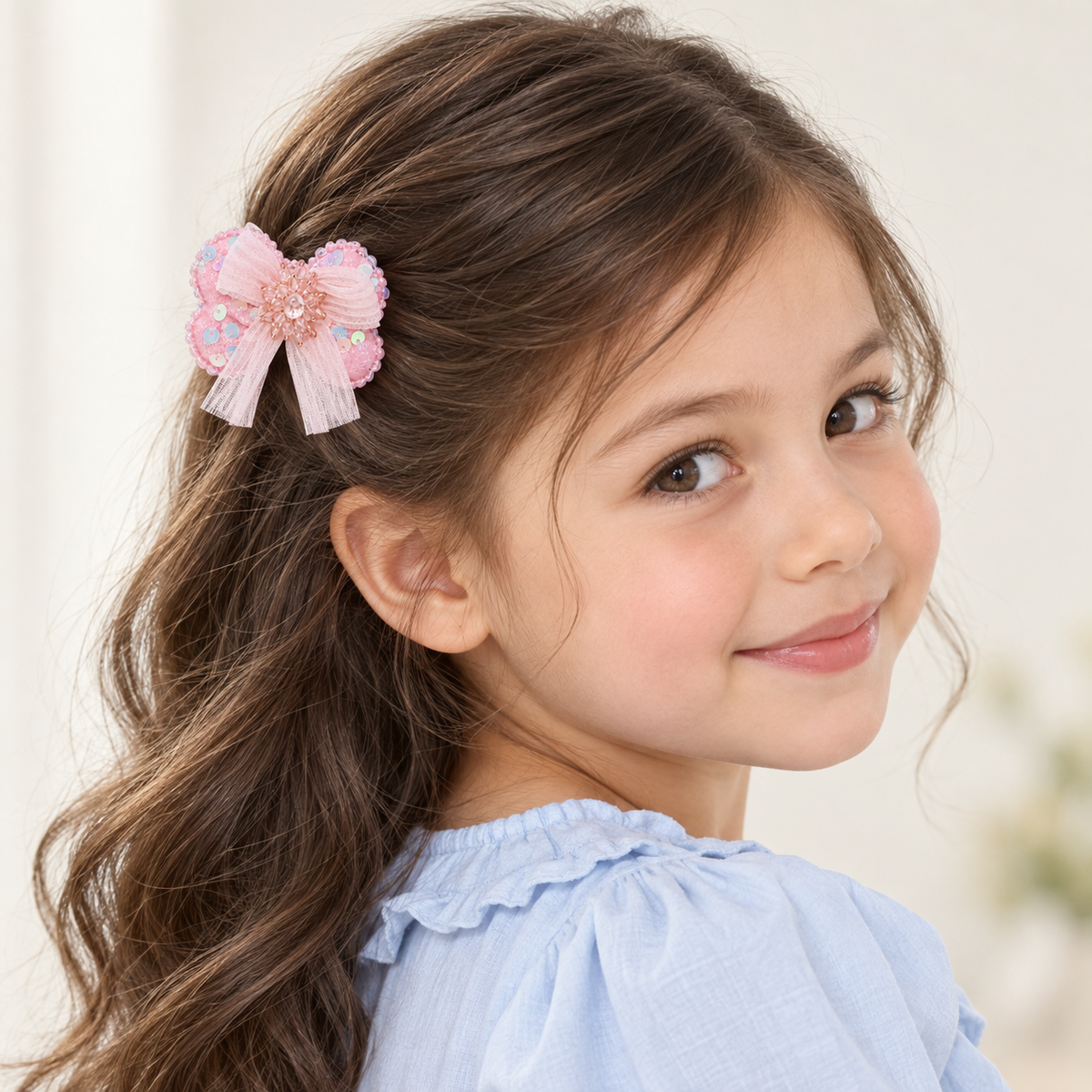 Pink Stardust Tulle Bow — AI-generated wearing illustration; scale approximate