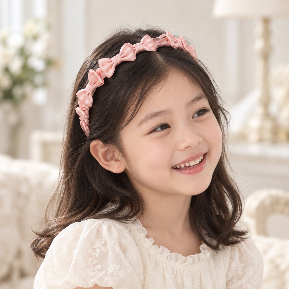 Powder Puff Bow Headband — AI-generated wearing illustration; scale approximate