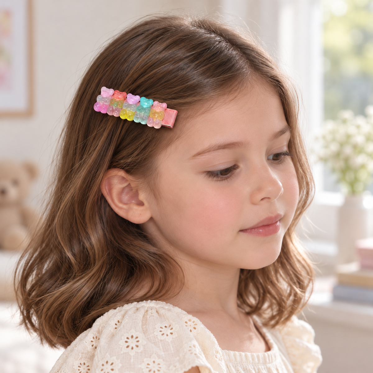 Rainbow Jelly Bear Mini Clip Set — AI-generated wearing illustration; scale approximate