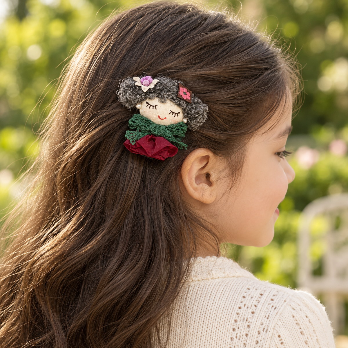 Sleepy Doll Statement Hair Clip — AI-generated wearing illustration; scale approximate