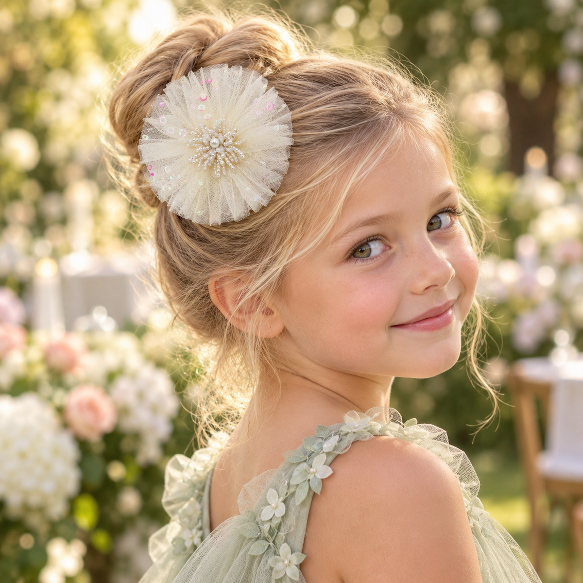 Starburst Crystal Tulle Rosette Hair Clip — AI-generated wearing illustration; scale approximate