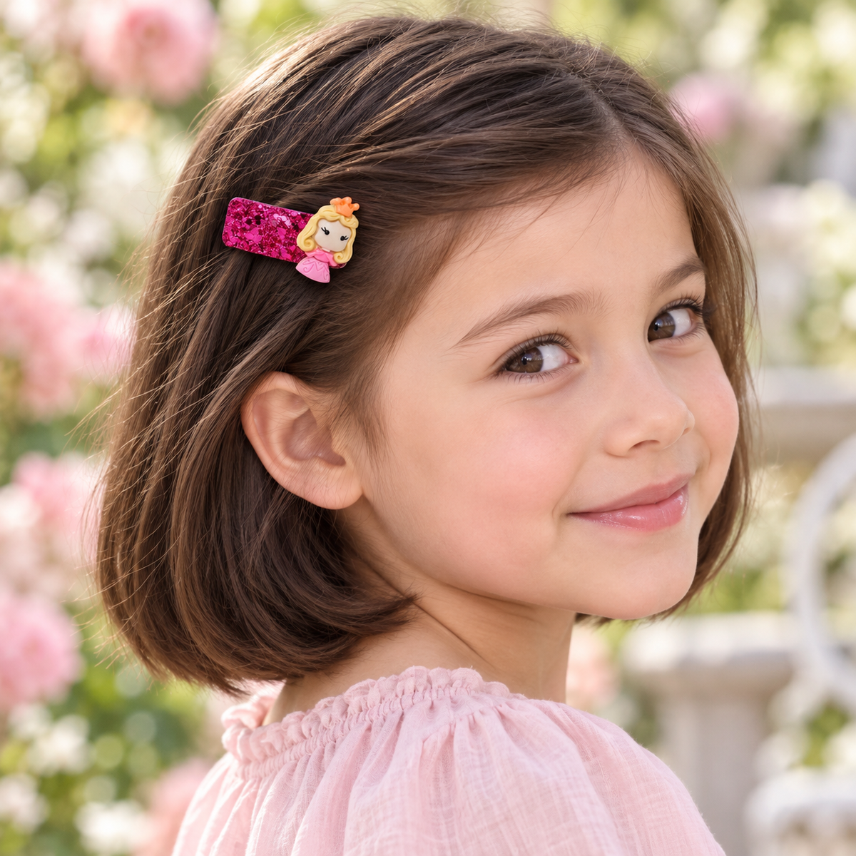 Storybook Princess Glitter Snap Clip Set — AI-generated wearing illustration; scale approximate