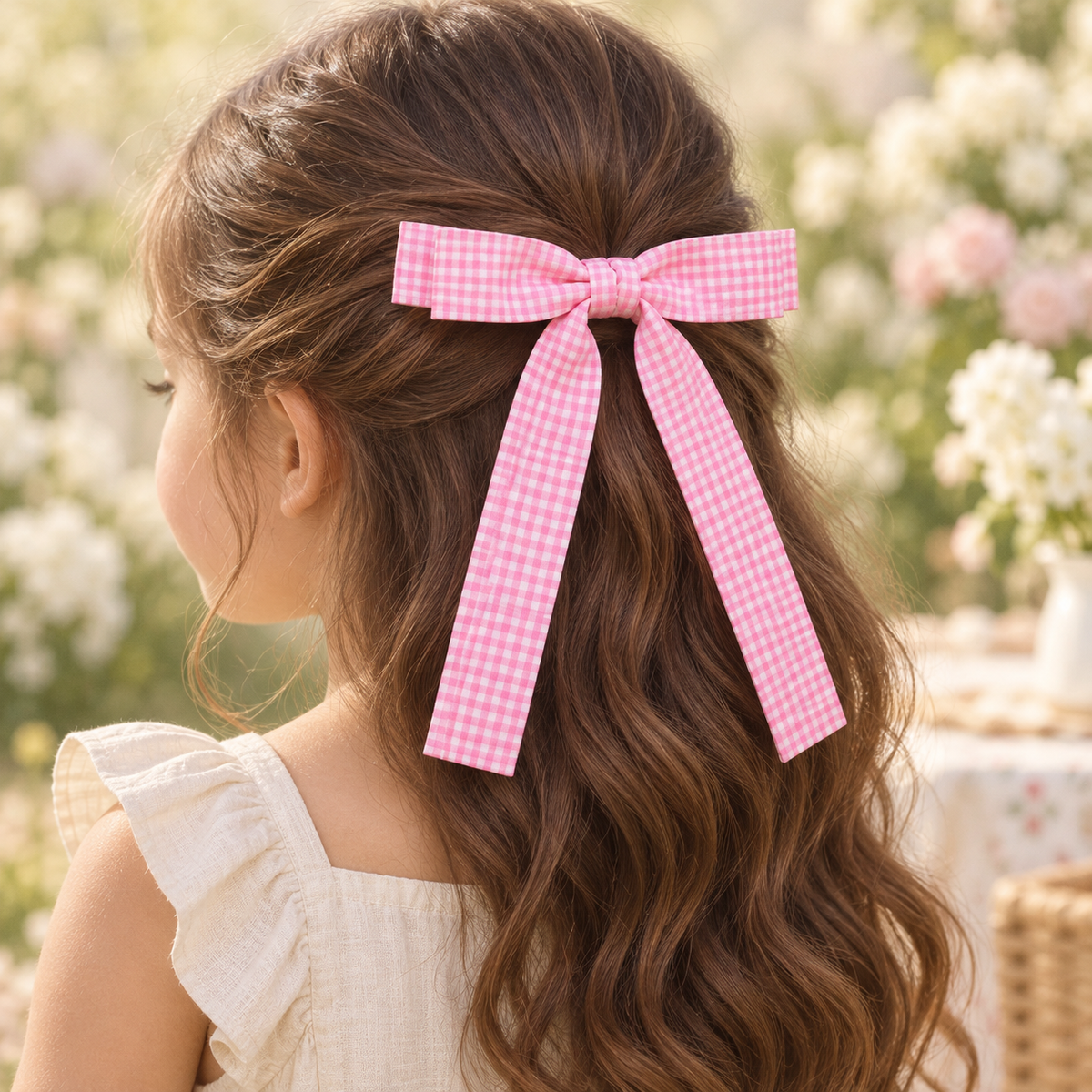 Sunday Picnic Long-Tail Bow Clip — AI-generated wearing illustration; scale approximate