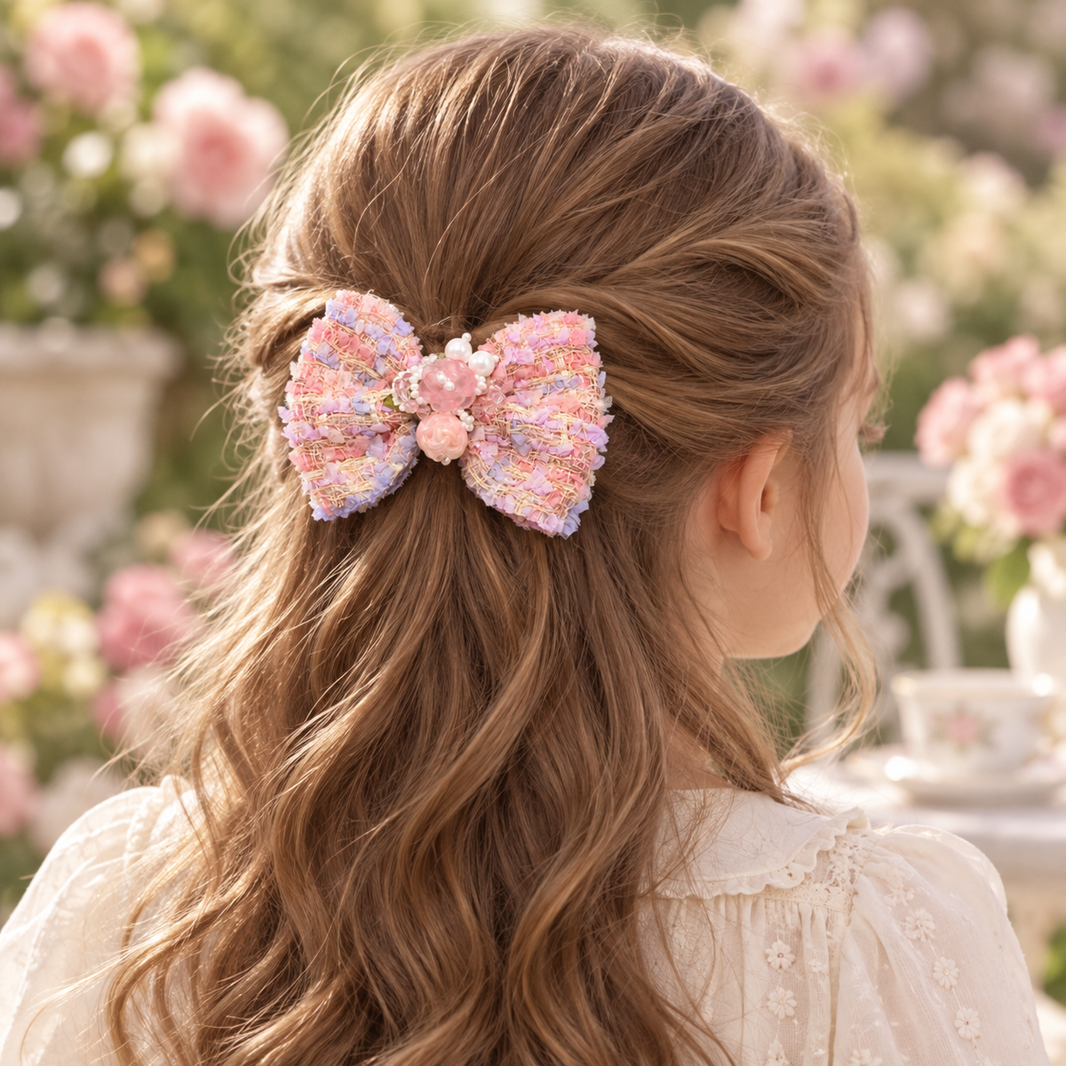 Tea Party Tweed Bow Clip — AI-generated wearing illustration; scale approximate